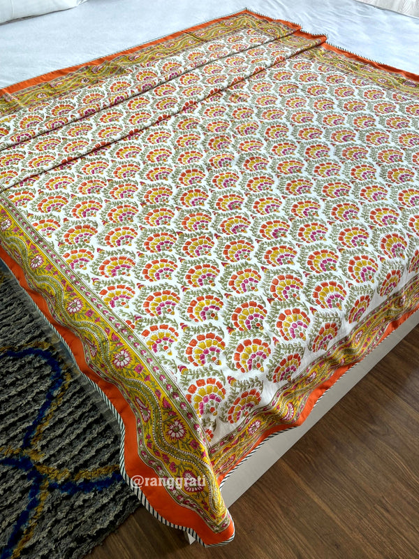 Orange Floral Dohar For Single Bed In Mulmul Cotton Reversible