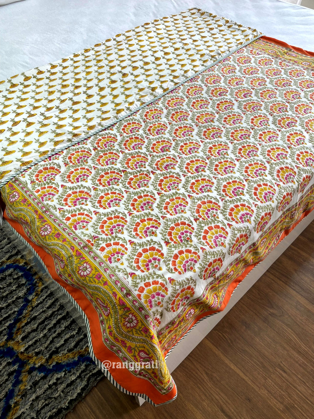 Reversible Orange Floral Dohar For Single Bed In Mulmul Cotton