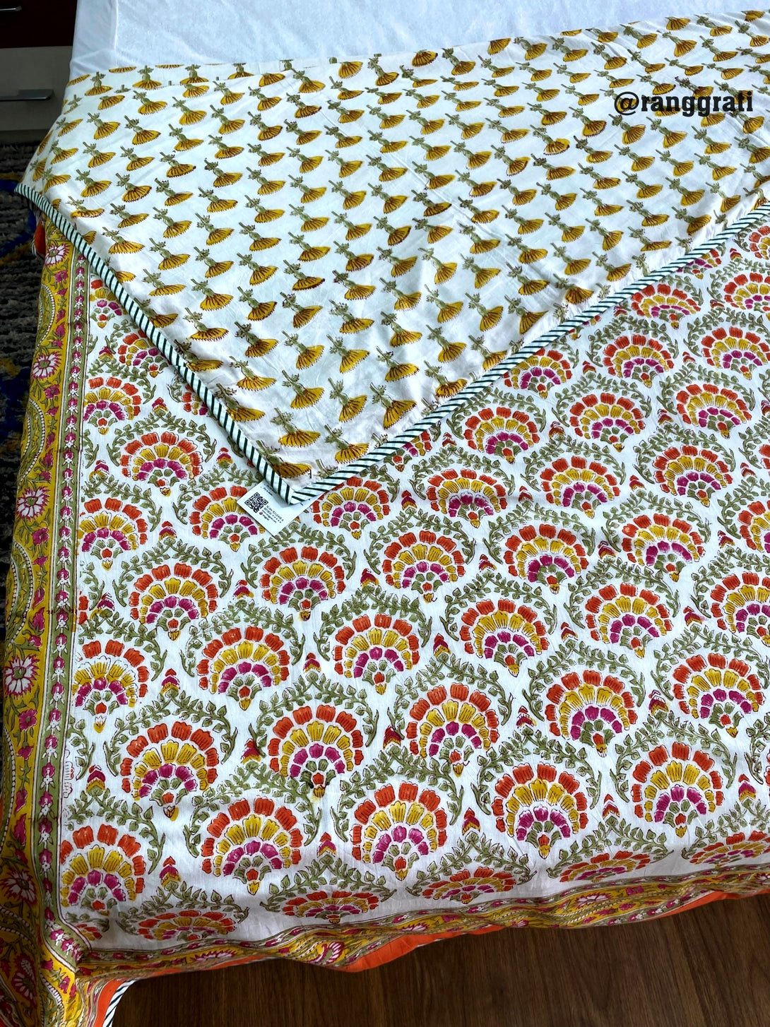 Orange Floral Dohar For Single Bed Reversible In Mulmul Cotton 