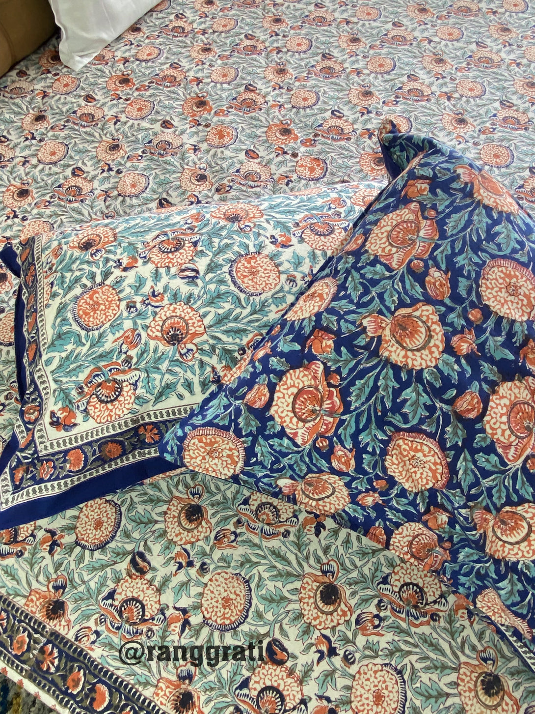 Blue Meadow Jaipuri Cotton Bedsheet King Size With Pillow Covers