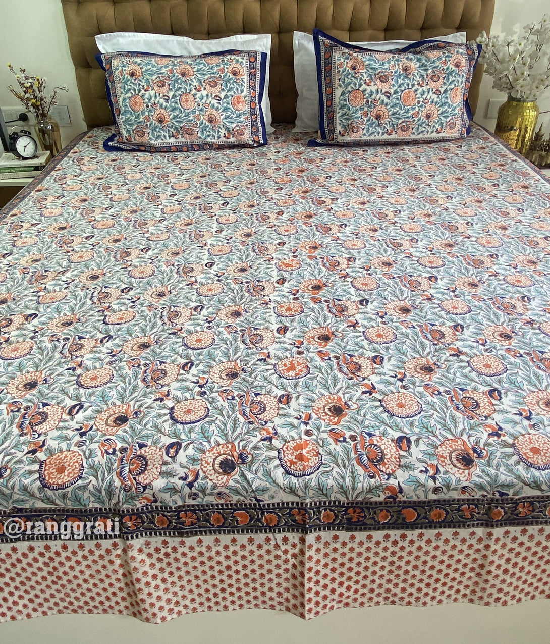 King Size Blue Meadow Floral Jaipuri Cotton Bedsheet For Double Bed