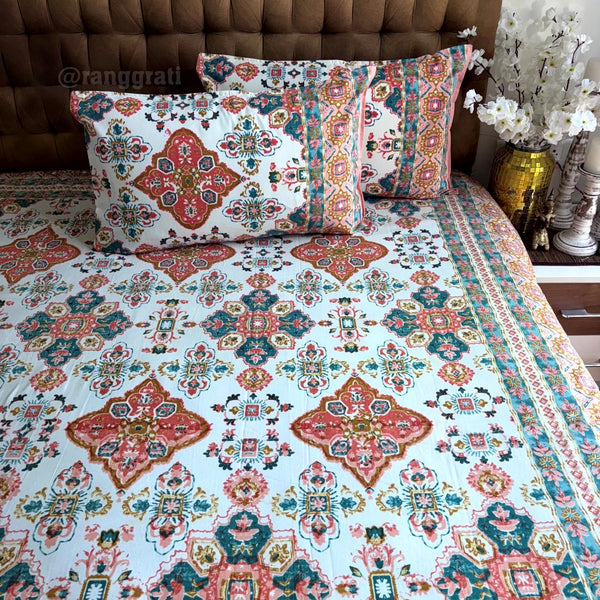 Orange Geometric Jaipuri Cotton Bedsheet Super King Size - Bedsheet