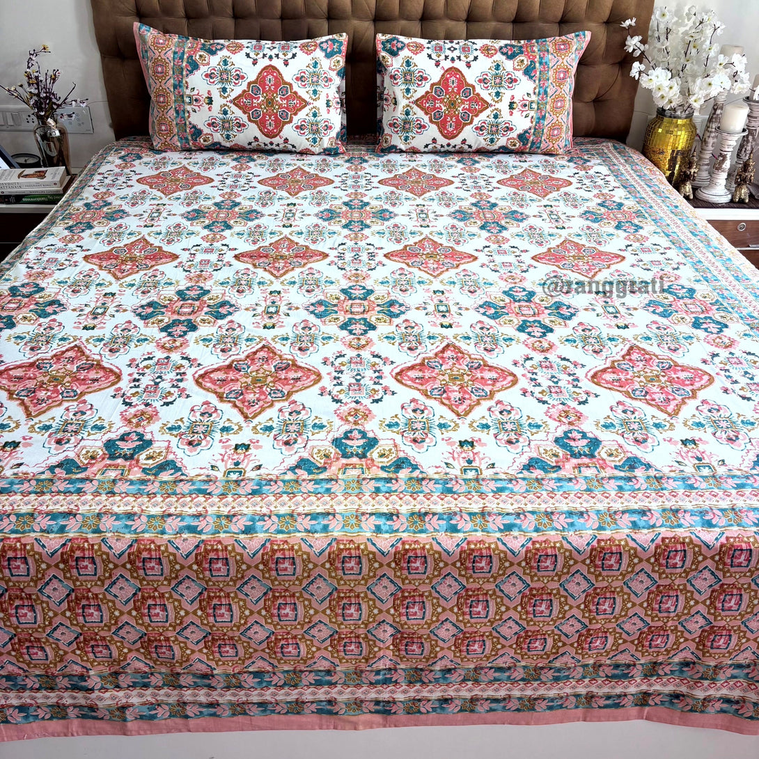 Orange Geometric Jaipuri Cotton Bedsheet Super King Size - Bedsheet