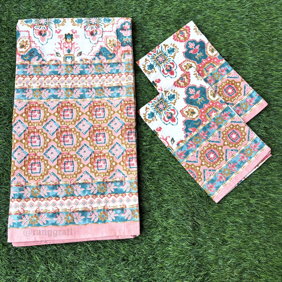 Orange Geometric Jaipuri Cotton Bedsheet Super King Size - Bedsheet
