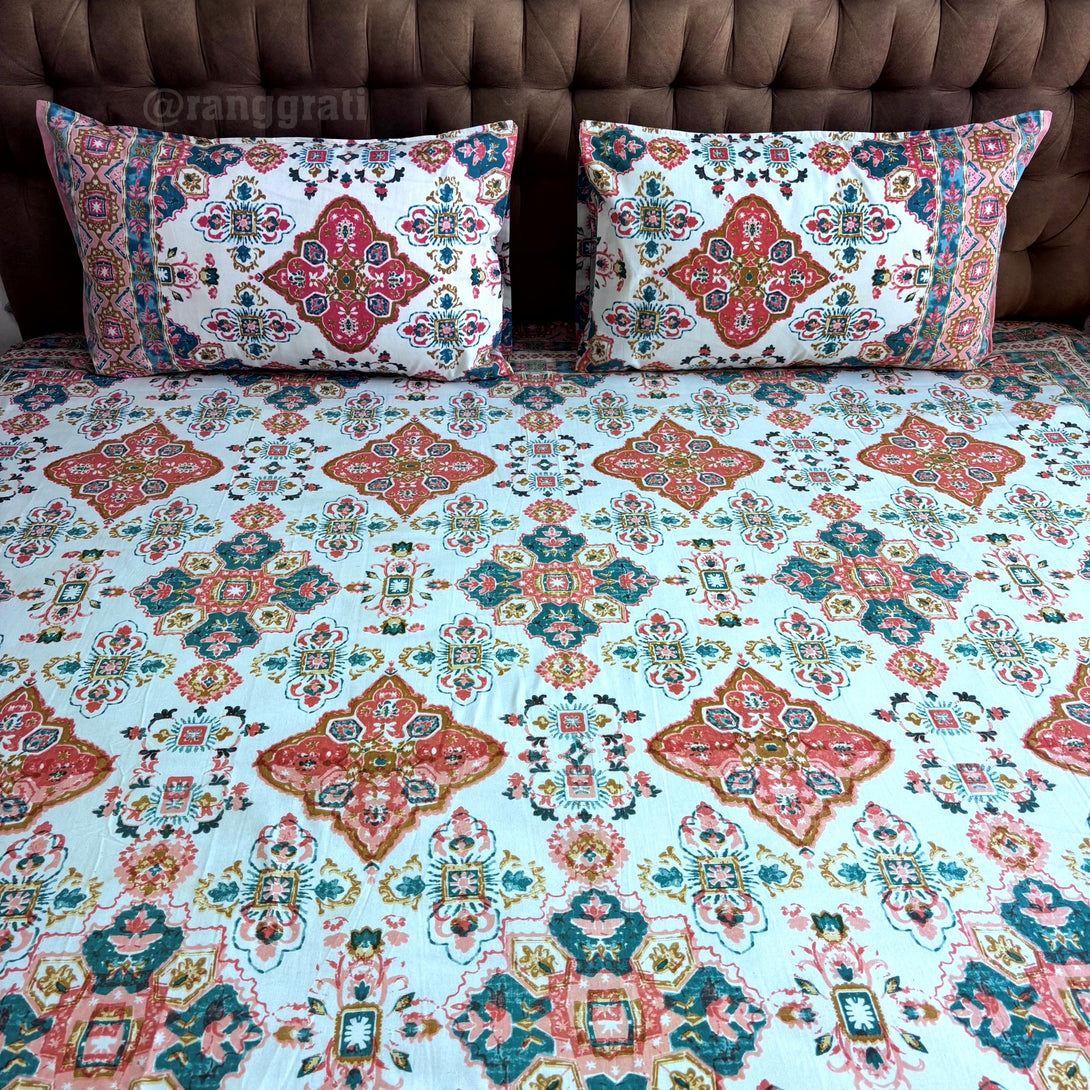 Orange Geometric Jaipuri Cotton Bedsheet Super King Size - Bedsheet
