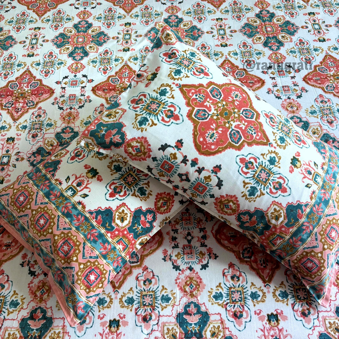 Orange Geometric Jaipuri Cotton Bedsheet Super King Size - Bedsheet