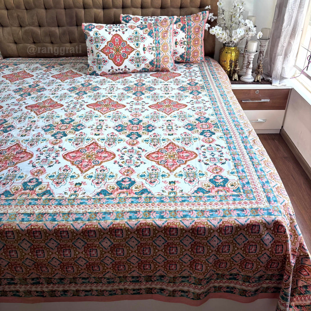 Orange Geometric Jaipuri Cotton Bedsheet Super King Size - Bedsheet
