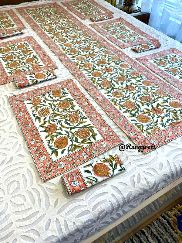 Orange Green Floral Table Runner With 6 Table Mats & 6 Napkins - Table Runner Set