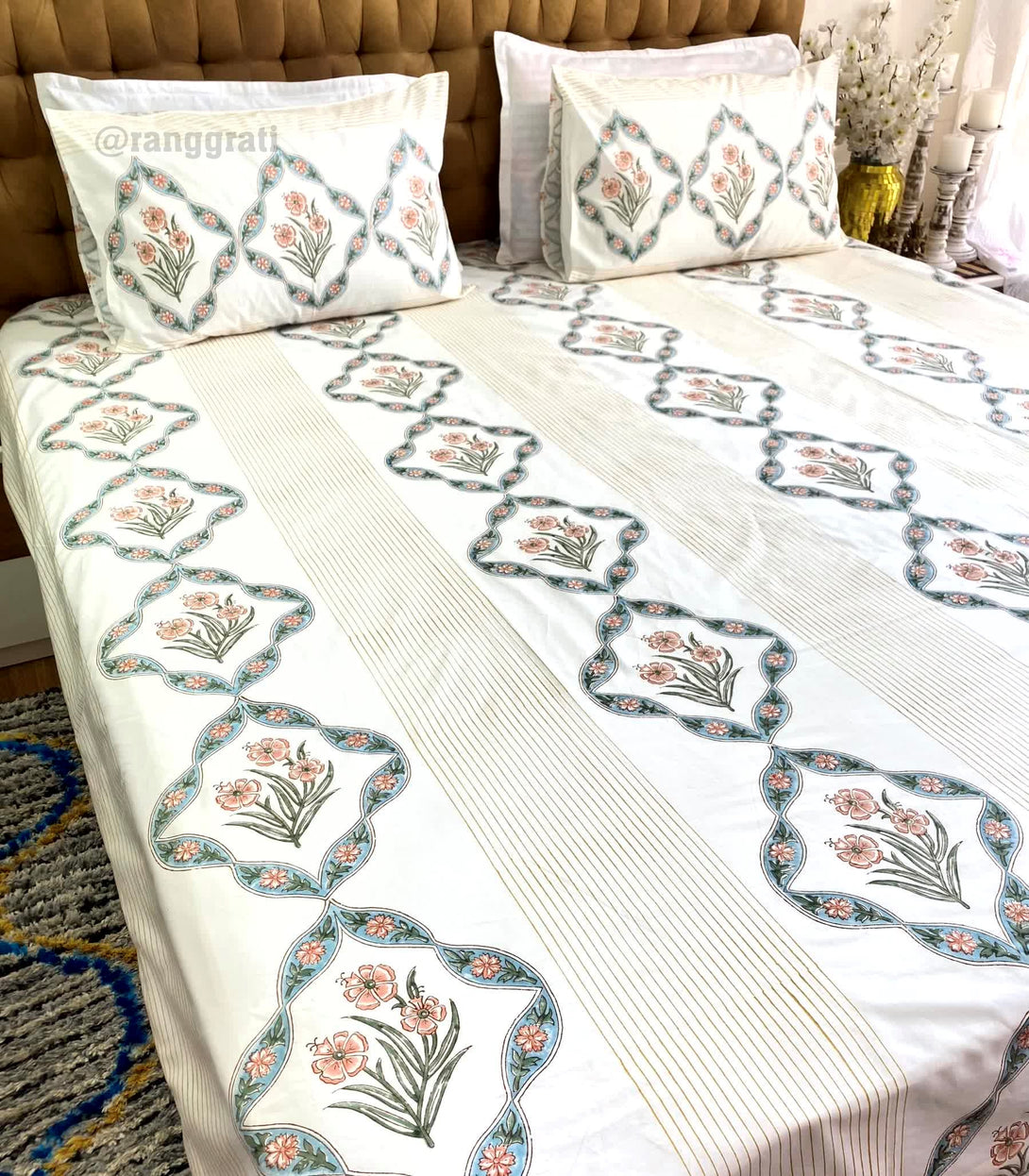 Orange Hibiscus King Size 250 TC Bedsheet Pure Cotton Hand Block