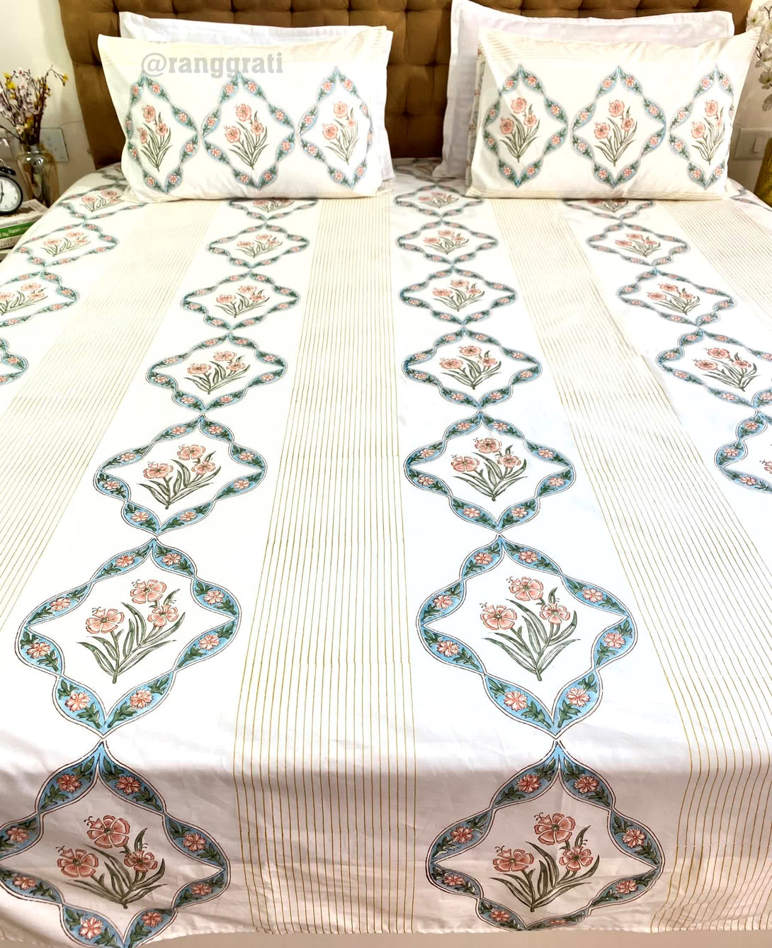 250 TC Orange Hibiscus King Size Bedsheet Pure Cotton Hand Block