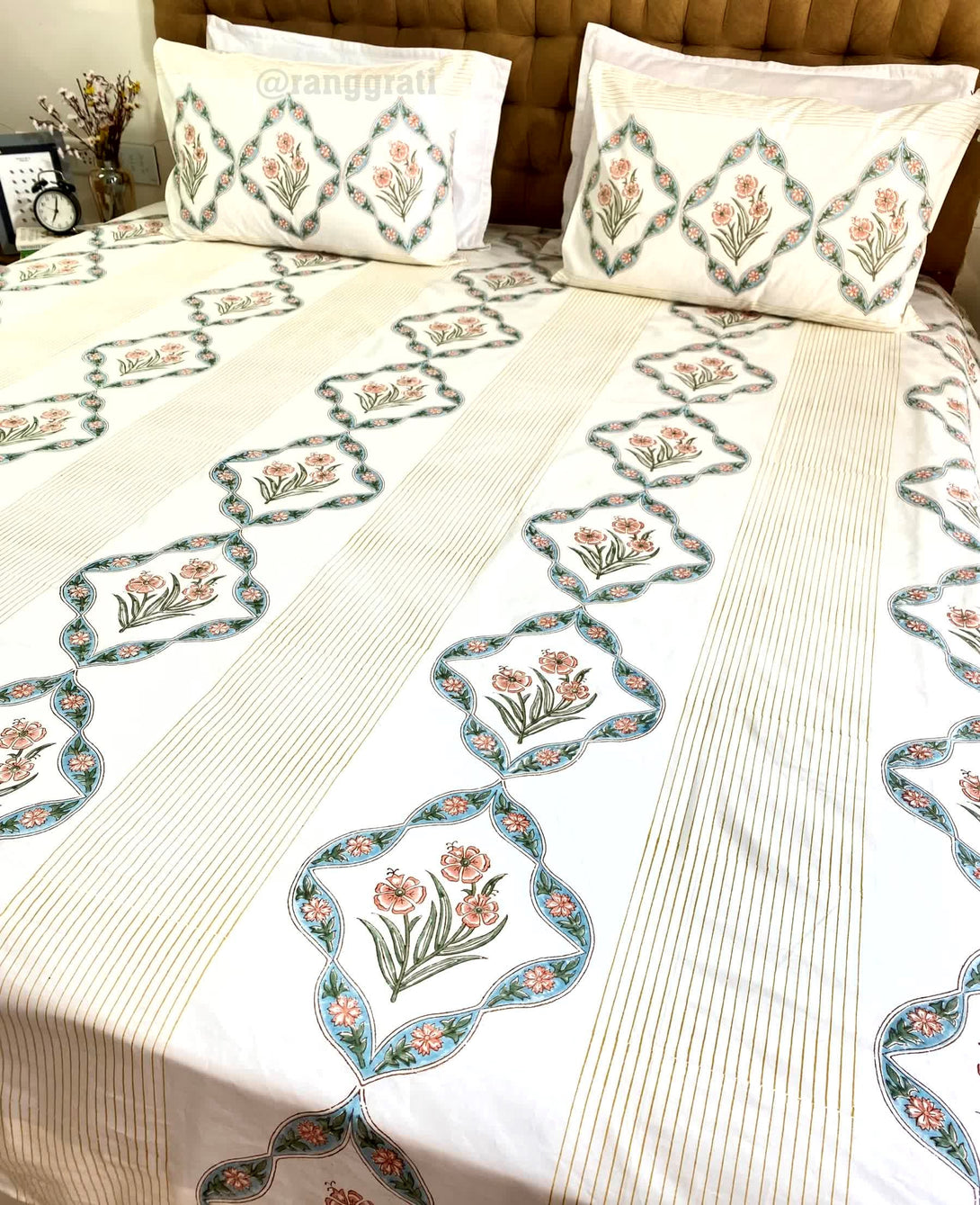 Pure Cotton Orange Hibiscus King Size 250 TC Bedsheet Hand Block