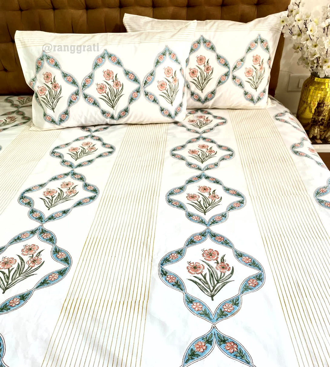 Hand Block Orange Hibiscus King Size 250 TC Bedsheet Pure Cotton 