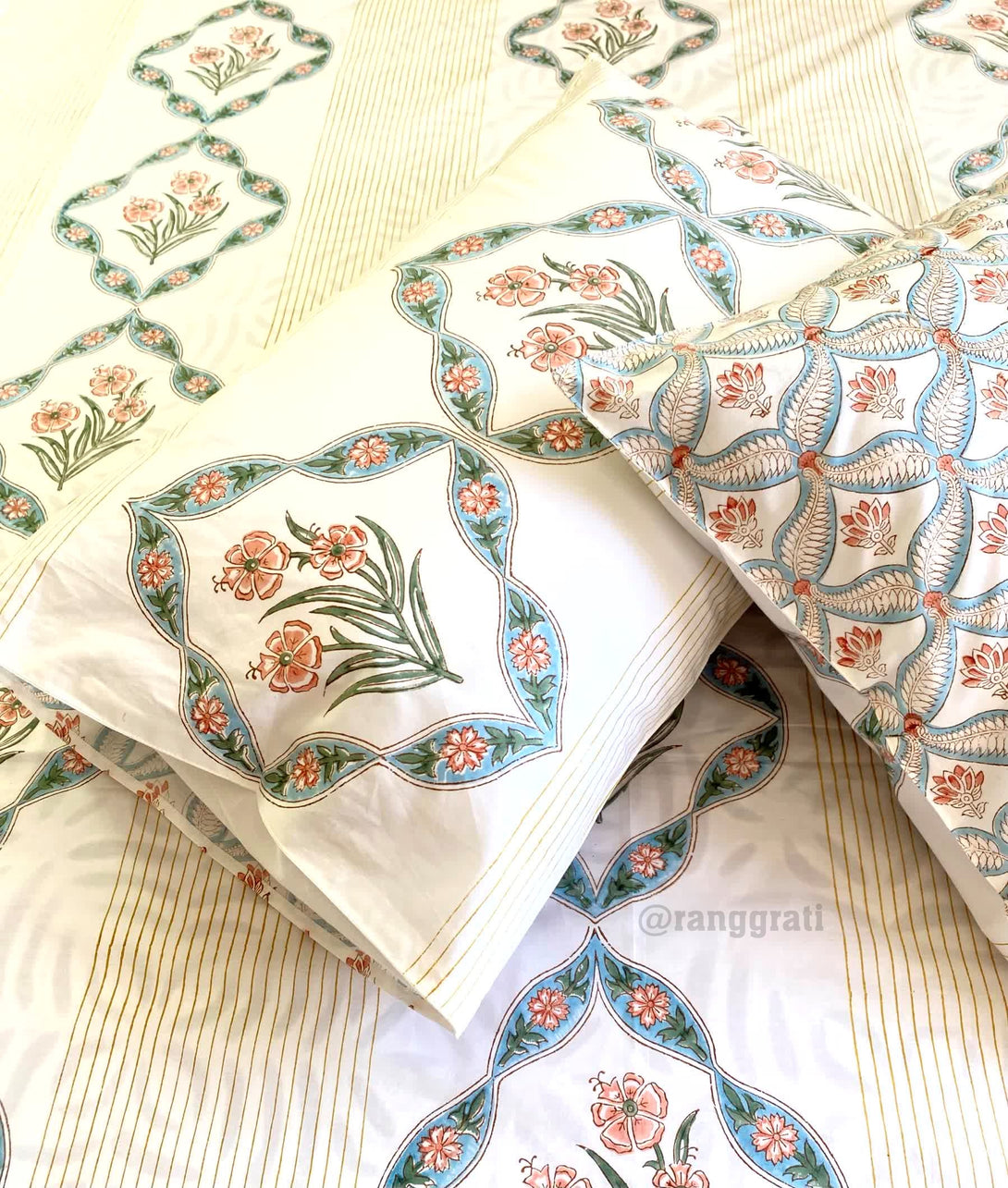 Orange Hibiscus King Size Bedsheet Pure Cotton Hand Block