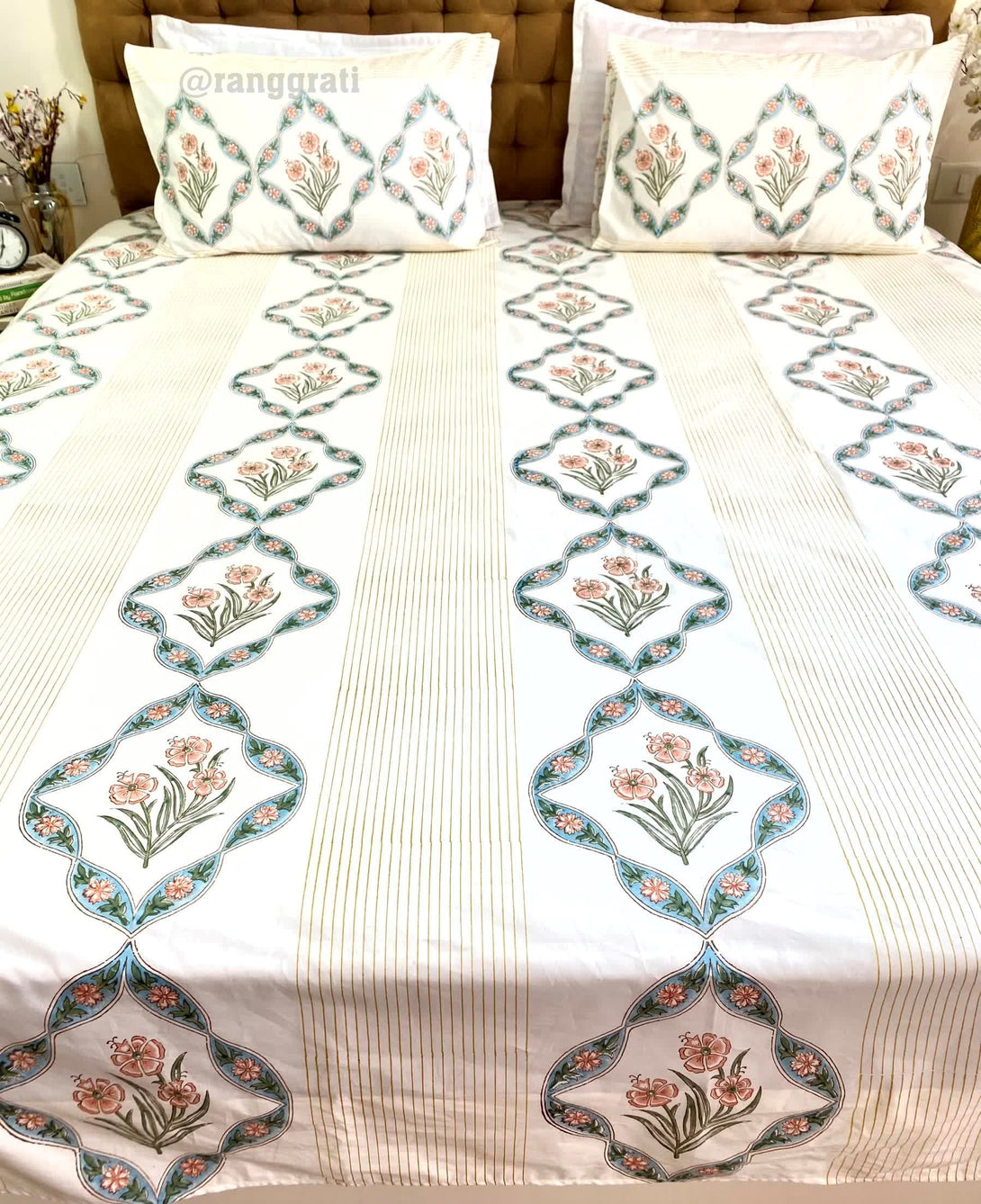 Orange Hibiscus King Size 250 TC Bedsheet Hand Block - Bedsheet