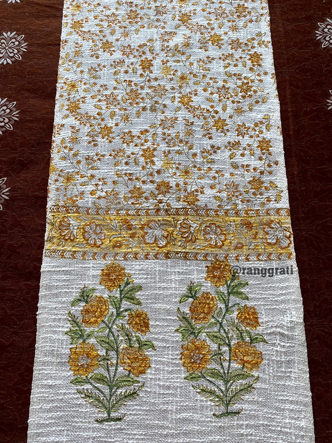 Orange Jaal Foral Jute Cotton Table Runner For 6 Seater 