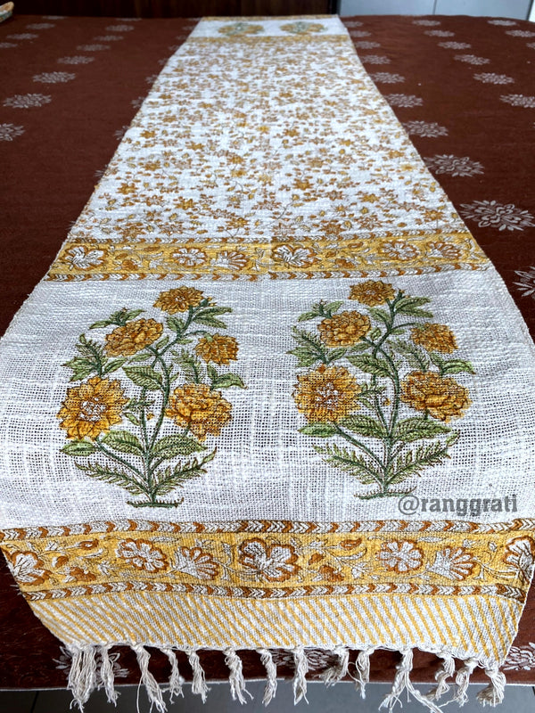 Orange Jaal Foral Jute Cotton Table Runner Hand Block Print For 6 Seater Dining Table