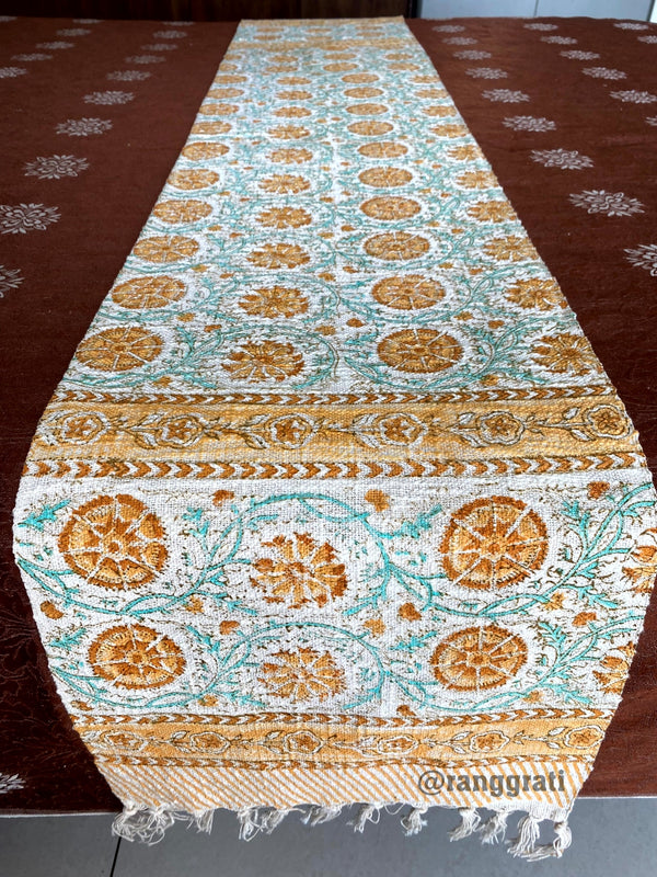 Orange Jaal Jute Cotton Table Runner Hand Block Print For 6 Seater Dining Table