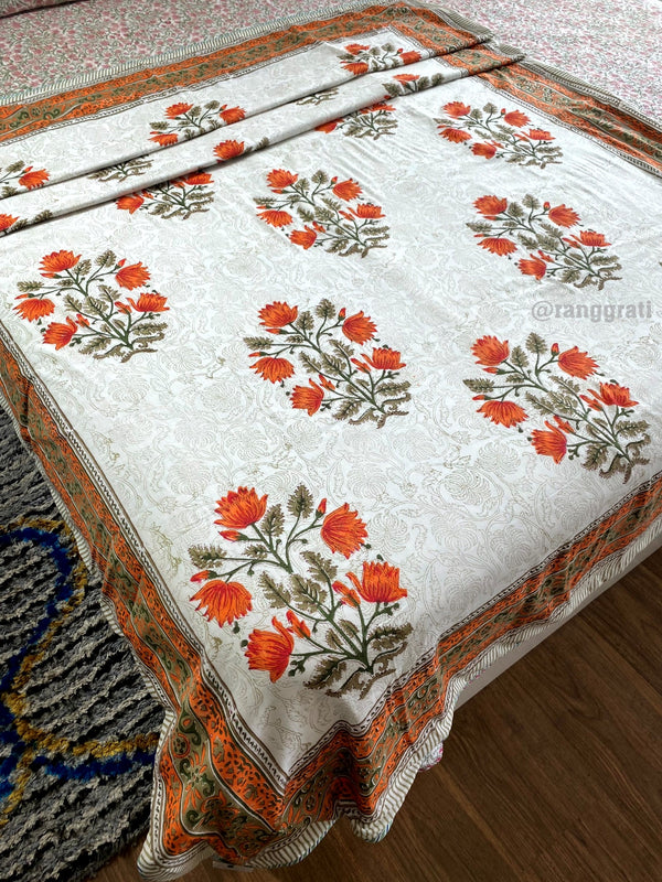 Orange Lotus Floral Dohar For Single Bed In Mulmul Cotton Reversible