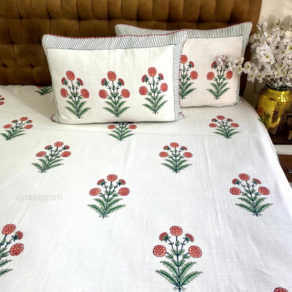 Orange Marigold Floral Slub Cotton Bedcover King Size
