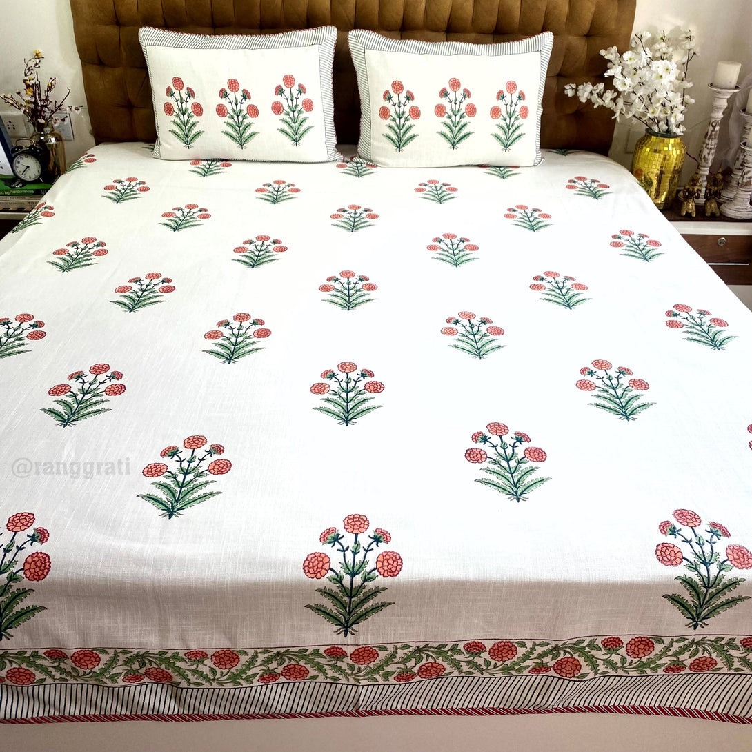 Orange Marigold Floral Slub Cotton Bedcover King Size - Bedcover