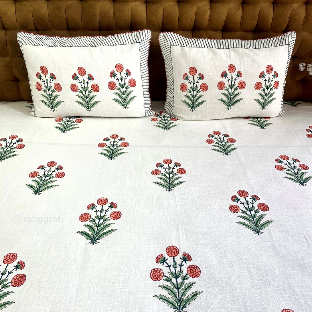 Orange Marigold Floral Slub Cotton Bedcover King Size - Bedcover