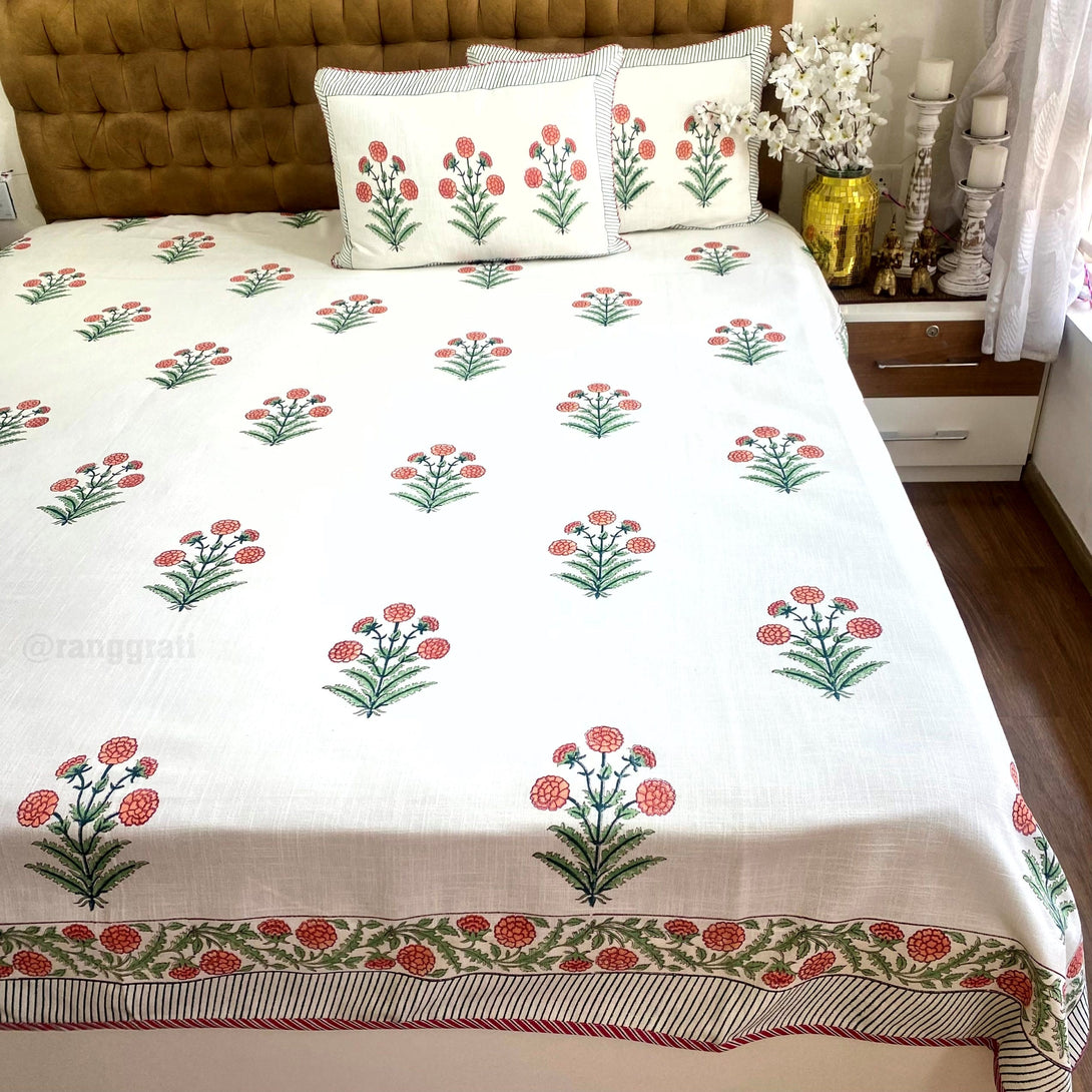 Orange Marigold Floral Slub Cotton Bedcover King Size - Bedcover