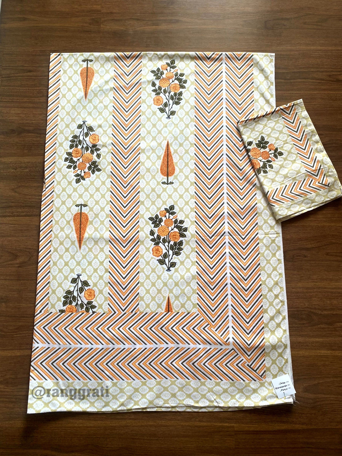 Orange Pine Floral Jaipuri Cotton Bedsheet For Single Bed With Pillow - Bedsheet