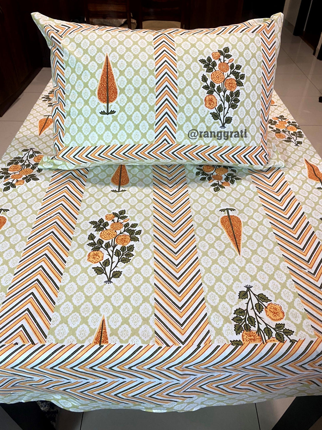 Orange Pine Floral Jaipuri Cotton Bedsheet For Single Bed With Pillow - Bedsheet