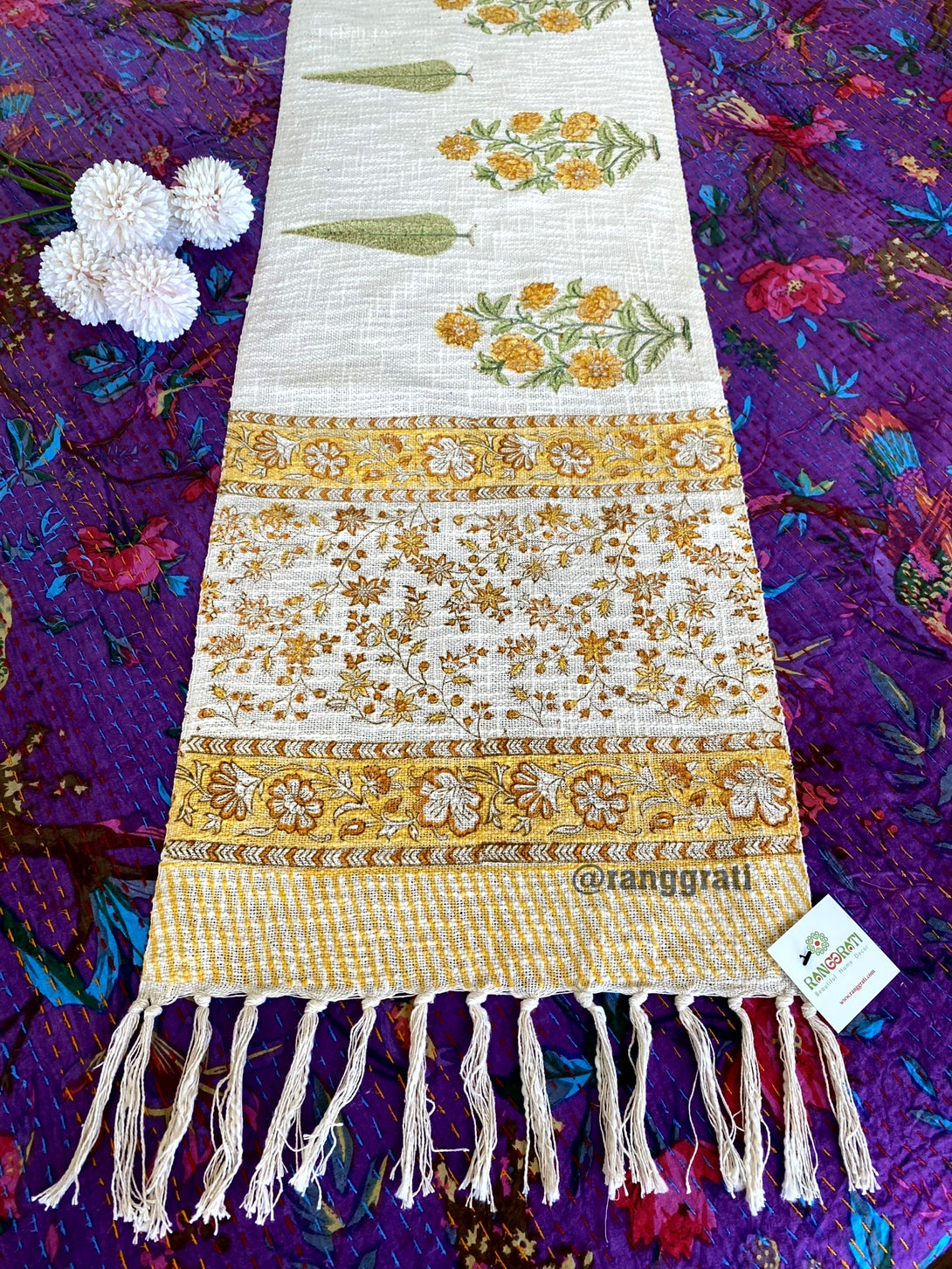 Orange Pine Floral Jute Cotton Table Runner Hand Block Print For 6 Seater Dining Table