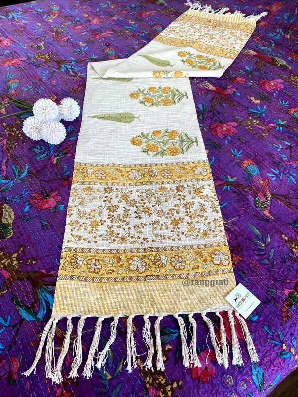 Orange Pine Floral Jute Cotton Table Runner For 6 Seater