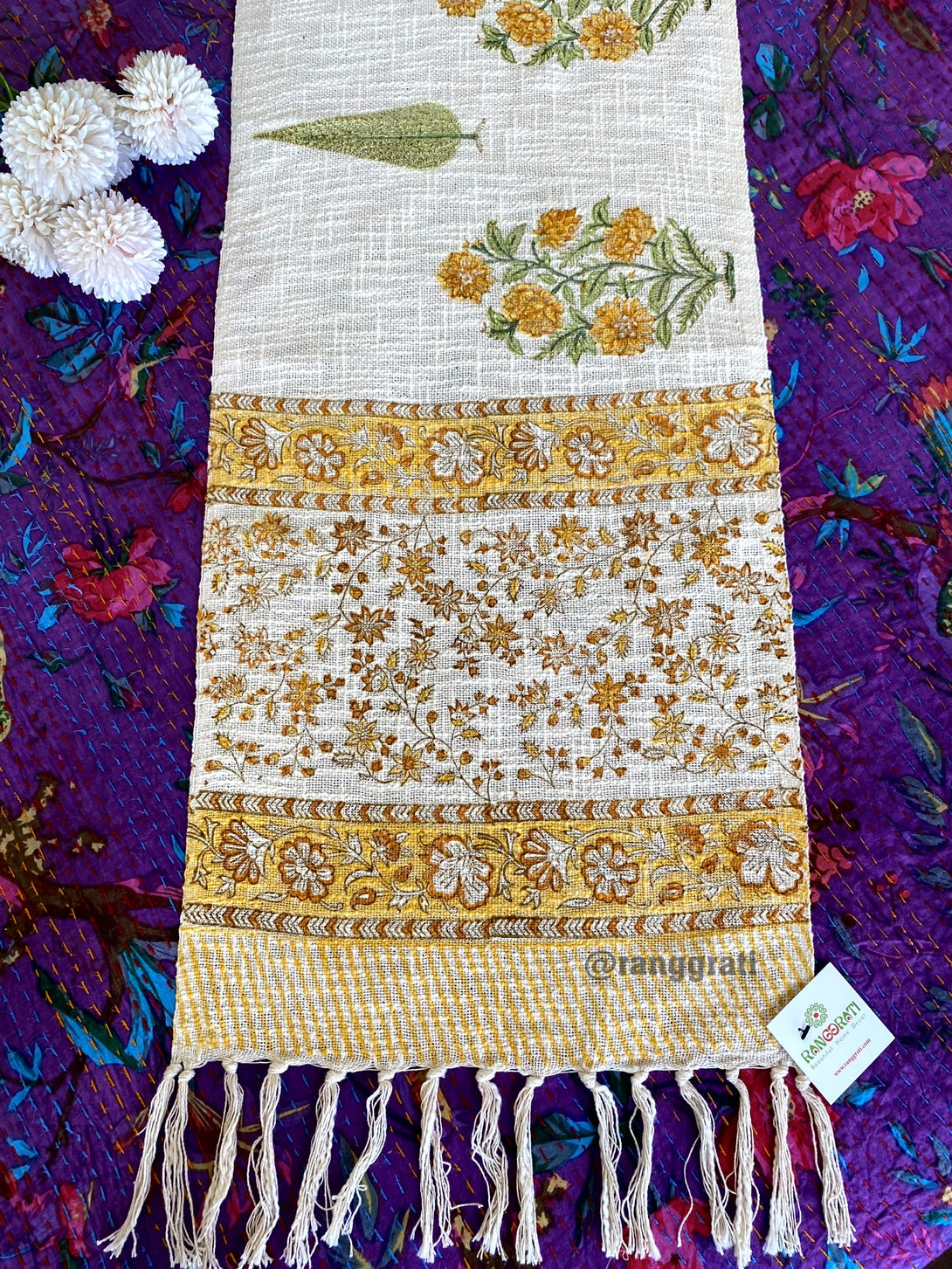 Orange Pine Floral Jute Cotton Table Runner Hand Block Print For 6 Seater 