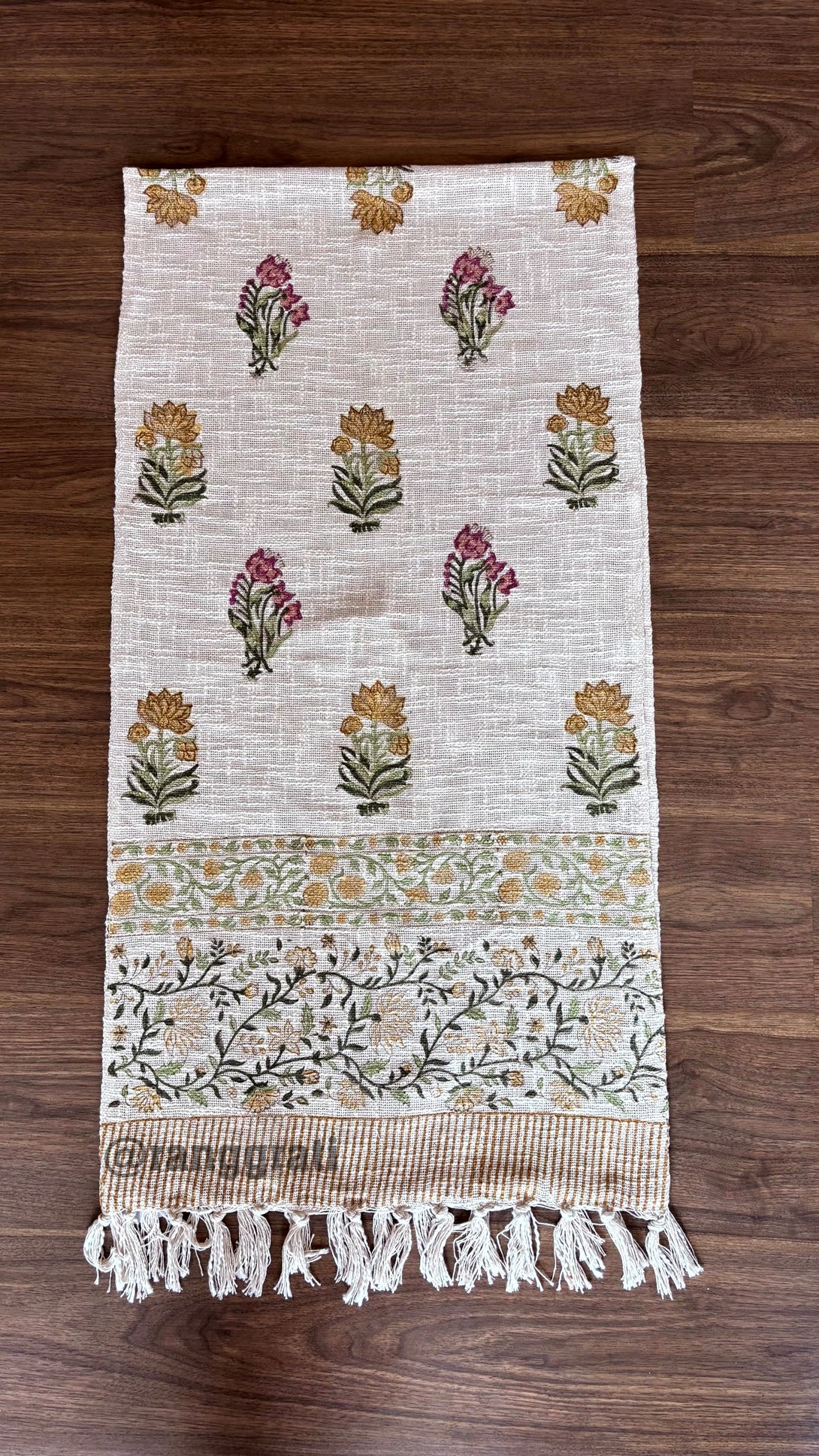 Orange Pink Floral Jute Cotton Table Runner For 6 Seater 