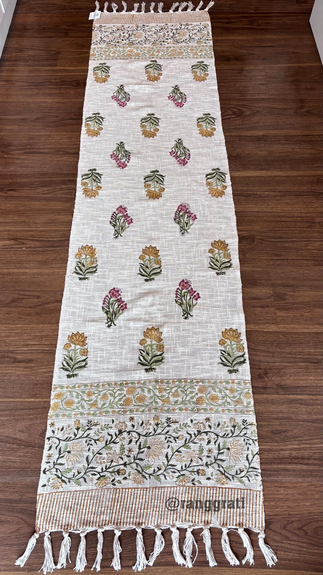 Orange Pink Floral Jute Cotton Table Runner Hand Block Print For 6 Seater Dining Table