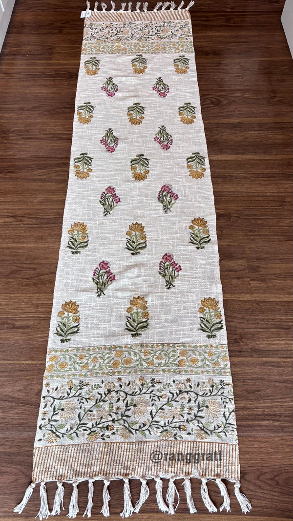 Orange Pink Floral Jute Cotton Table Runner Hand Block Print For 6 Seater Dining Table