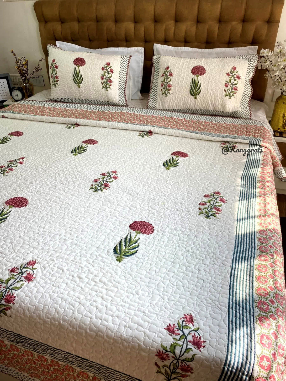 Ornate Floral Maroon Hand block Quilted Bedcover In Mulmul Reversible - Bedcover