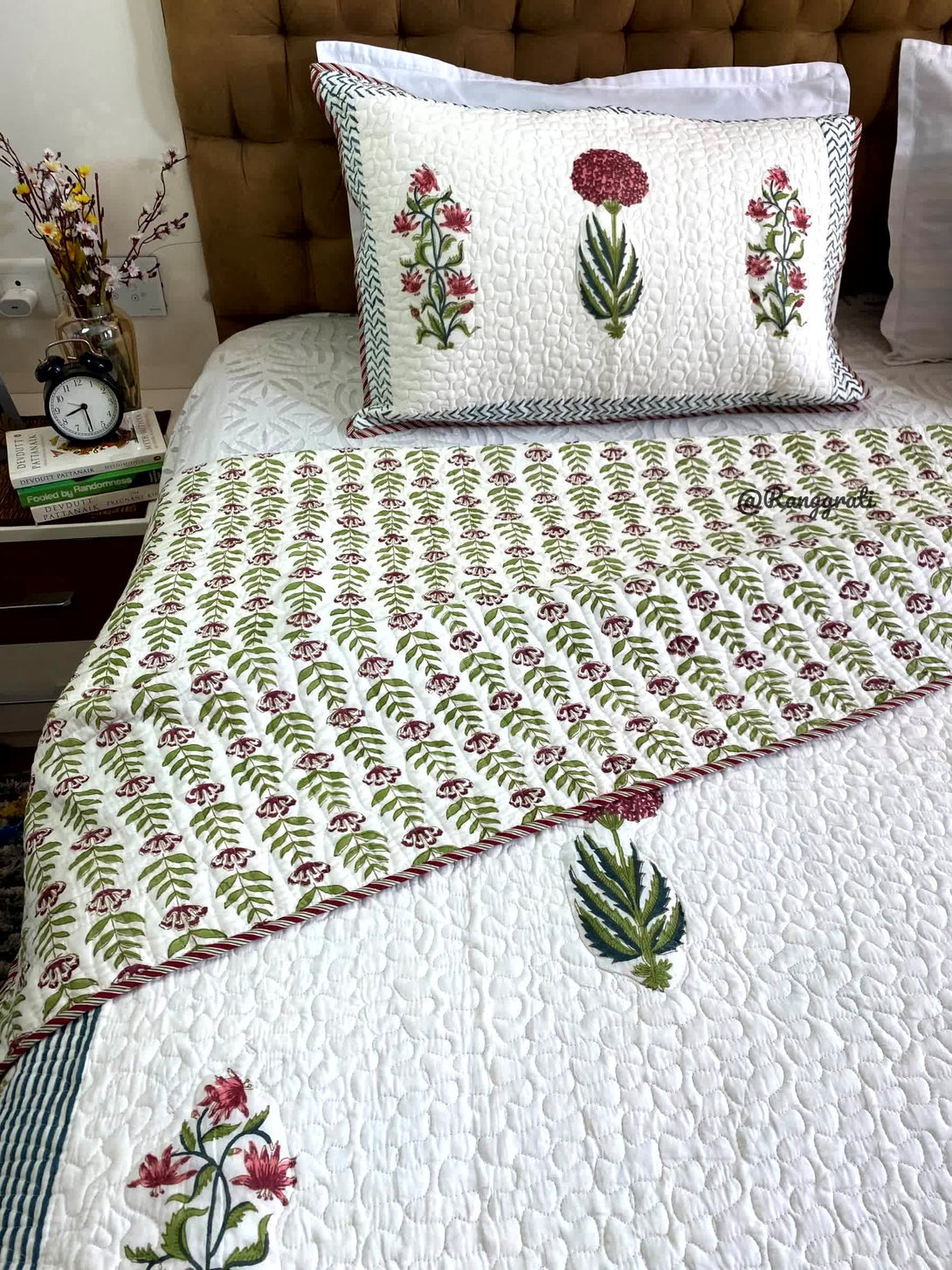 Ornate Floral Maroon Hand block Quilted Bedcover In Mulmul Reversible - Bedcover
