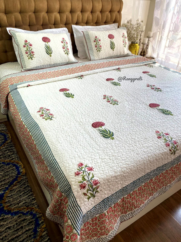 Ornate Floral Maroon Hand block Quilted Bedcover In Mulmul Reversible - Bedcover