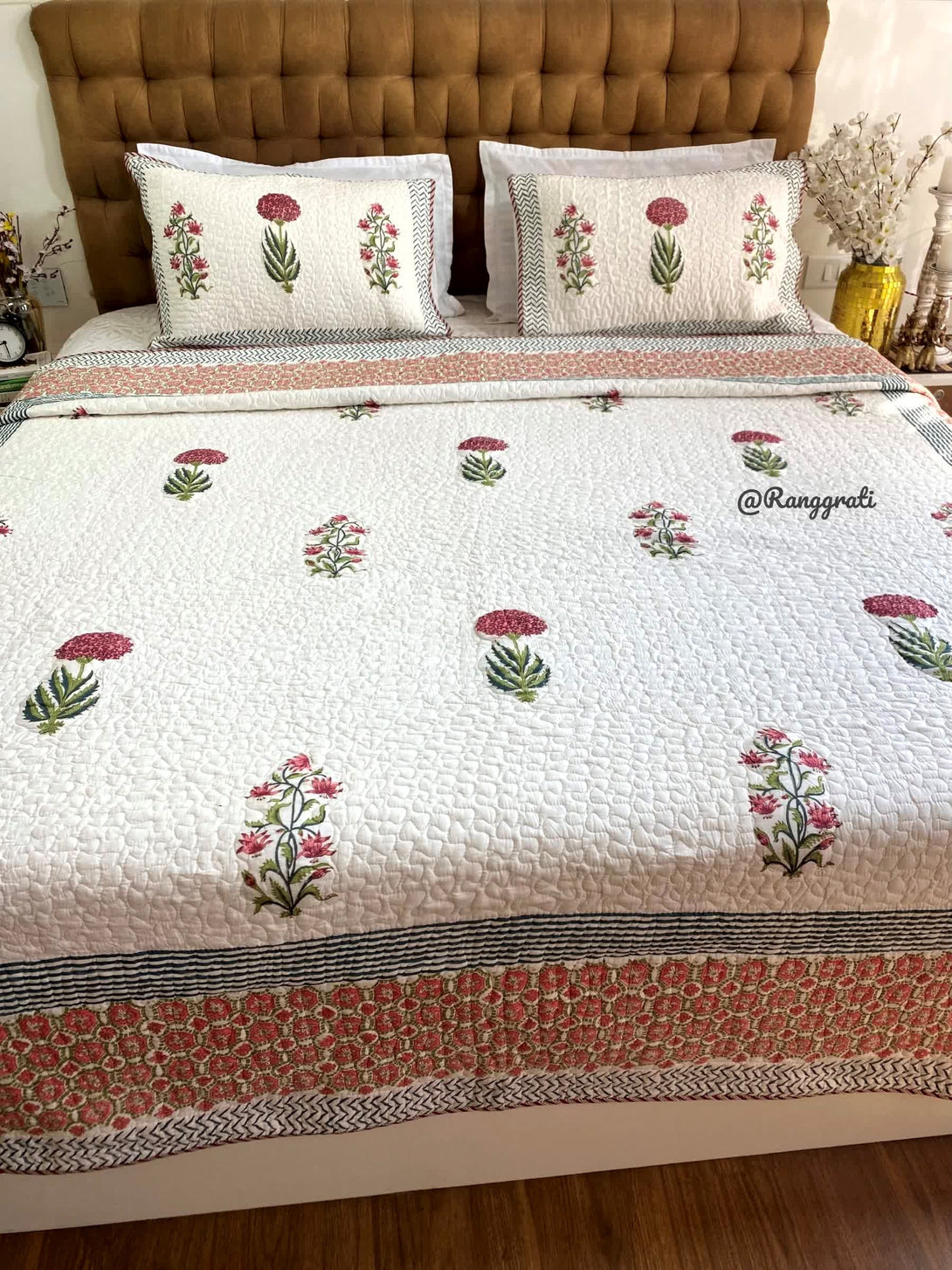 Ornate Floral Maroon Hand block Quilted Bedcover In Mulmul Reversible - Bedcover