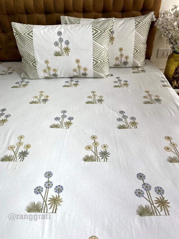 Pastel Color Floral Super King Size 250 TC Bedsheet Cotton Hand Block