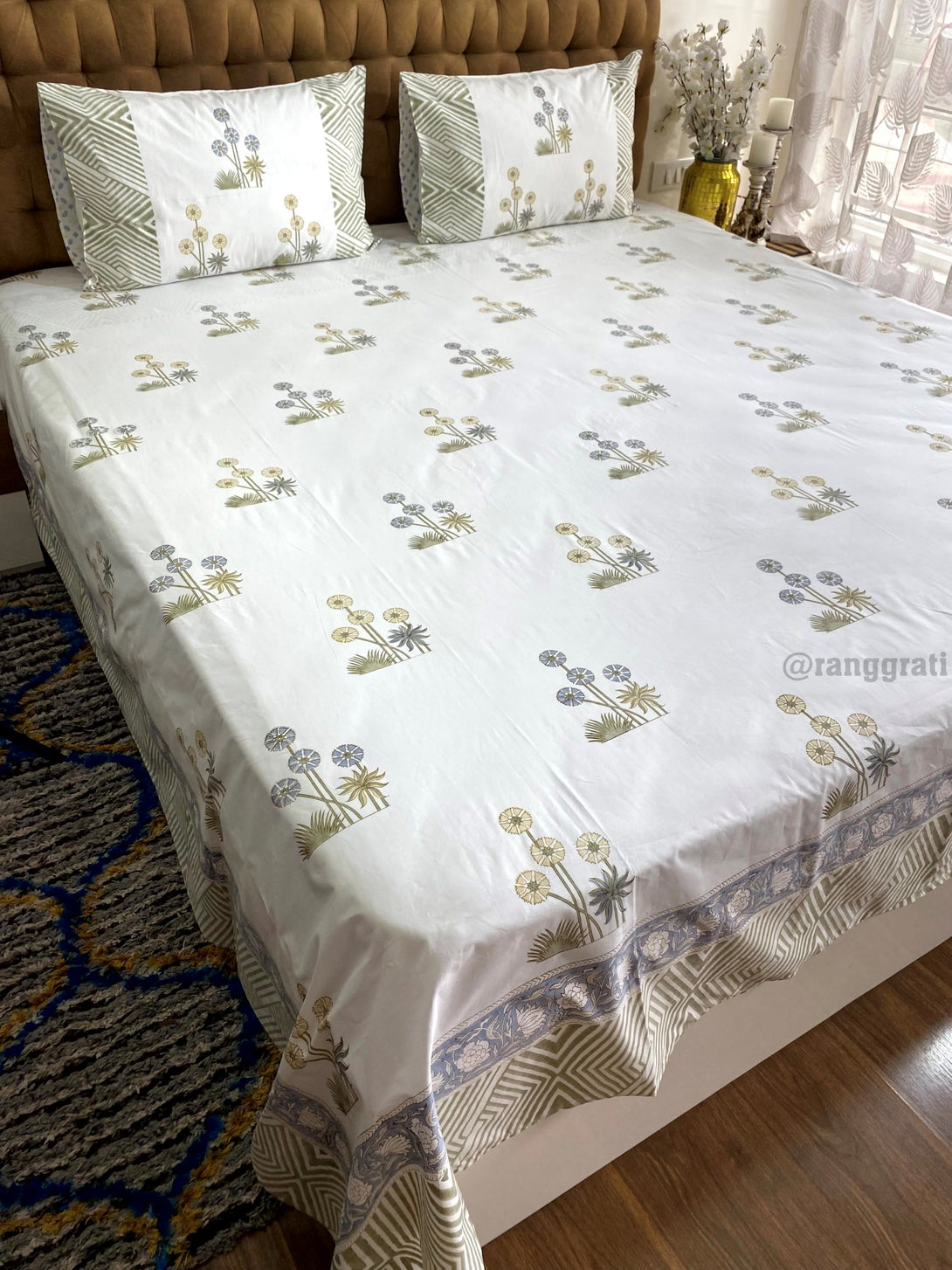 Super King Size Pastel Color Floral 250 TC Bedsheet Cotton Hand Block