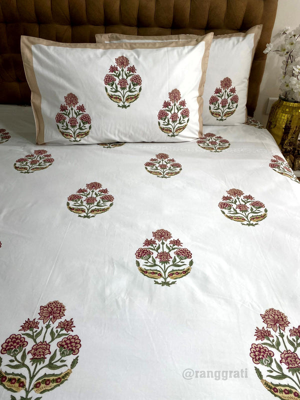 Pastel Maroon Floral Super King Size 250 TC Bedsheet Cotton Hand Block