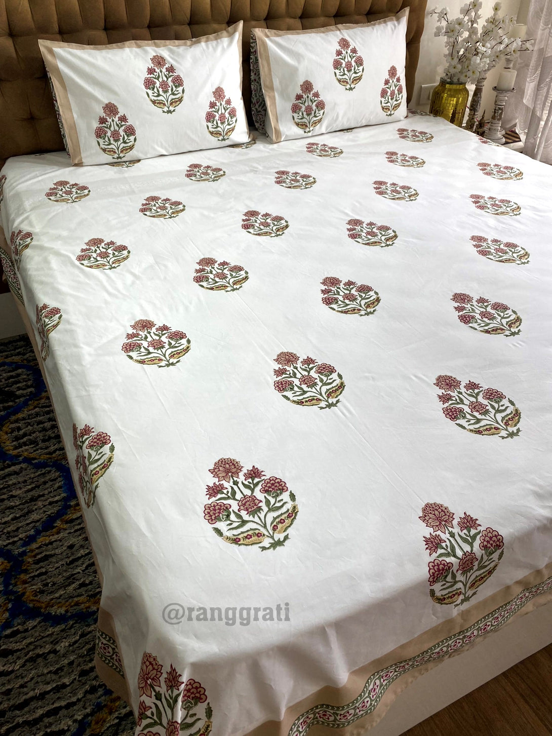 Pastel Maroon Floral Super King Size  Bedsheet Cotton