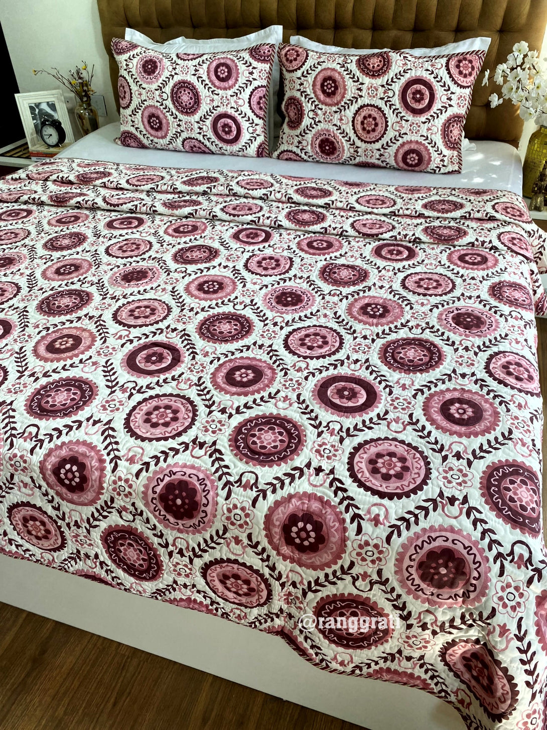 King Size Pastel Maroon Geometric Quilted Bedcover