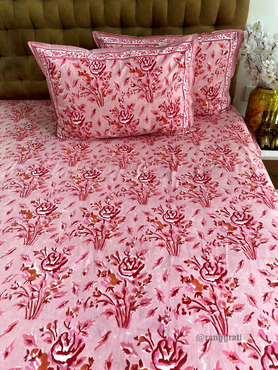 Pastel Pink Rose Hand Block Cotton King Size Bedsheet