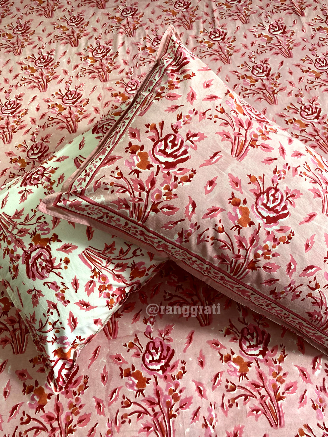 Pastel Pink Rose Hand Block Cotton King Size Bedsheet With Pillow Covers