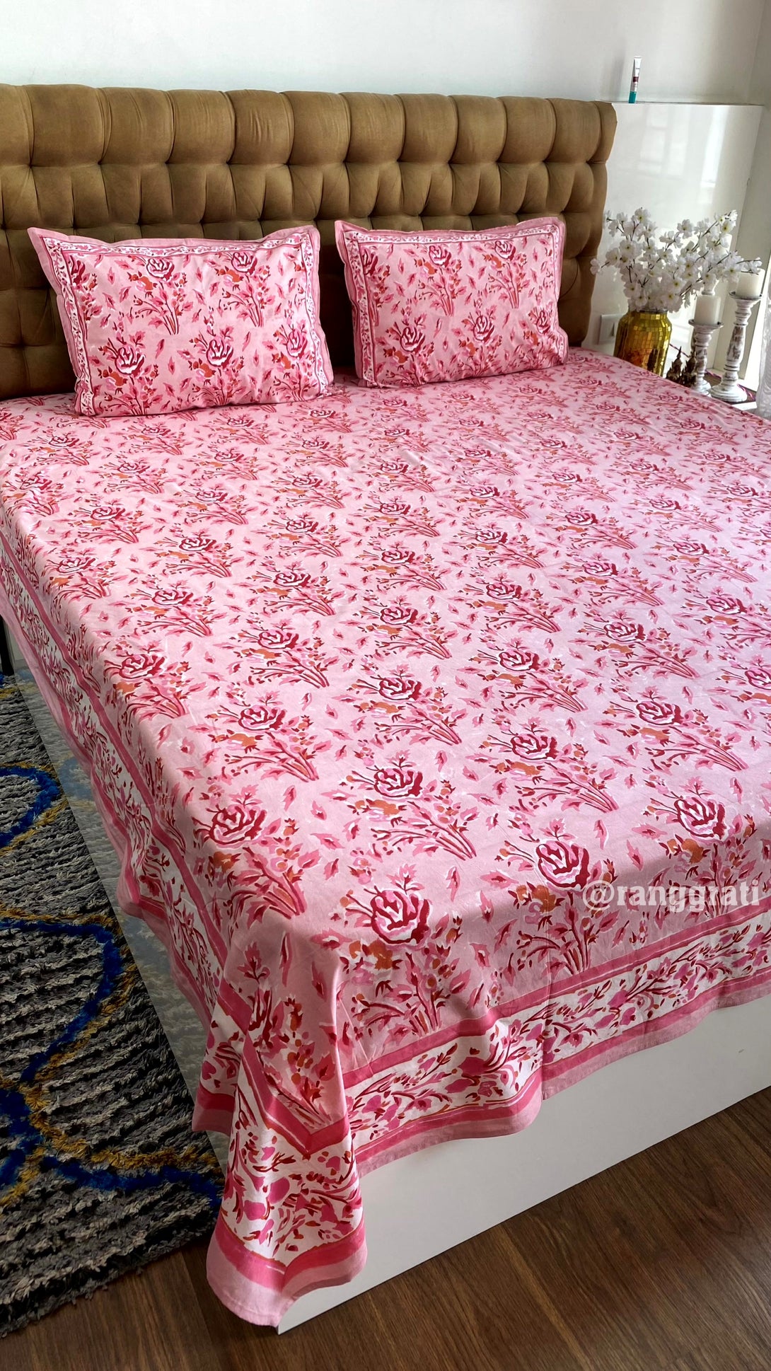 Pastel Pink Rose Hand Block Cotton Bedsheet King Size