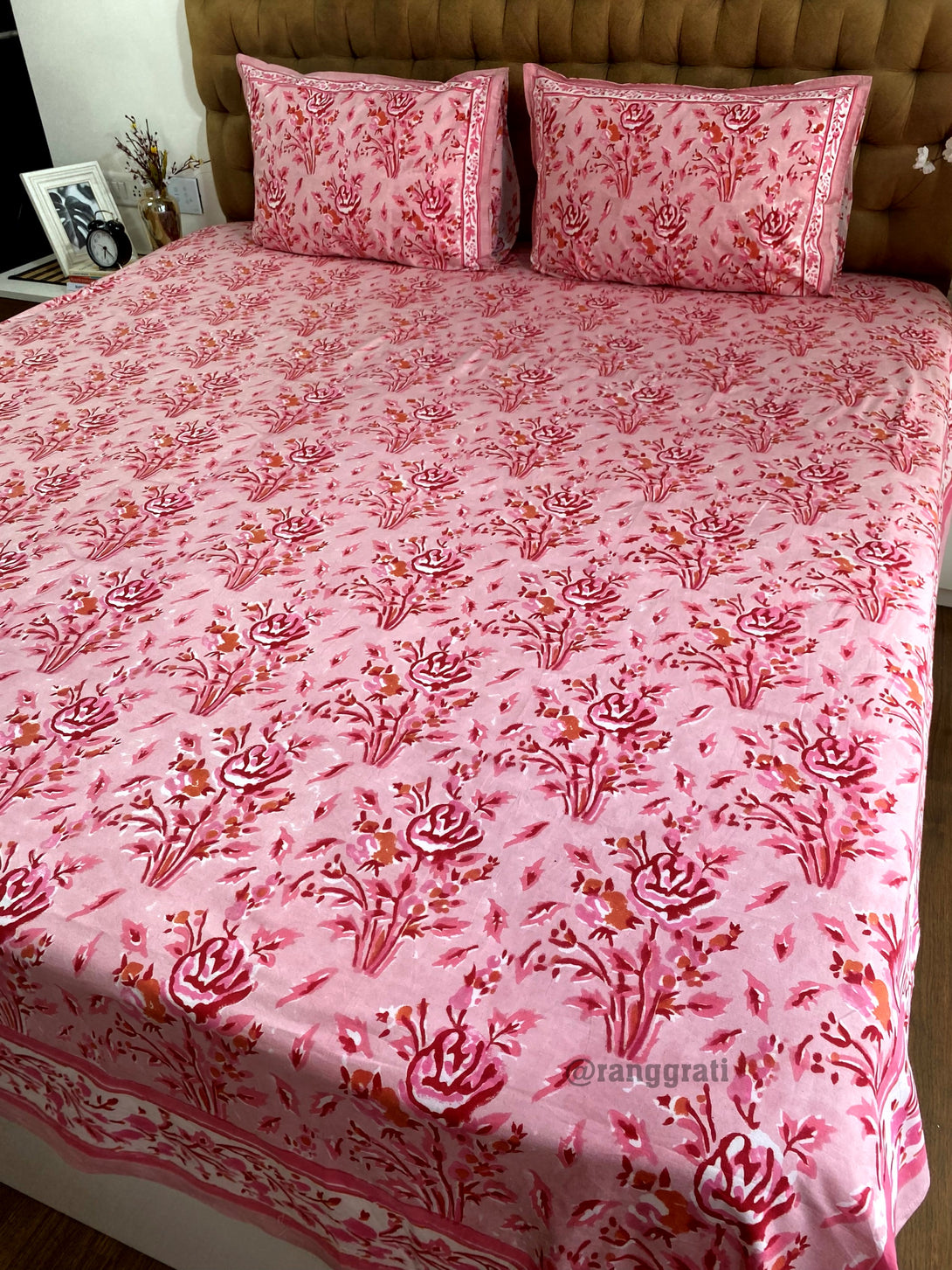 Hand Block Cotton Pastel Pink Rose King Size Bedsheet