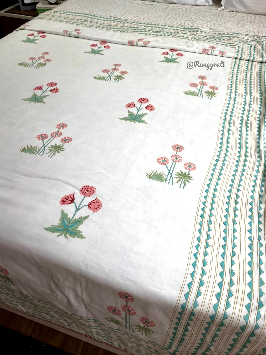 Peach Floral Single Dohar Reversible Hand Block Print - Dohar