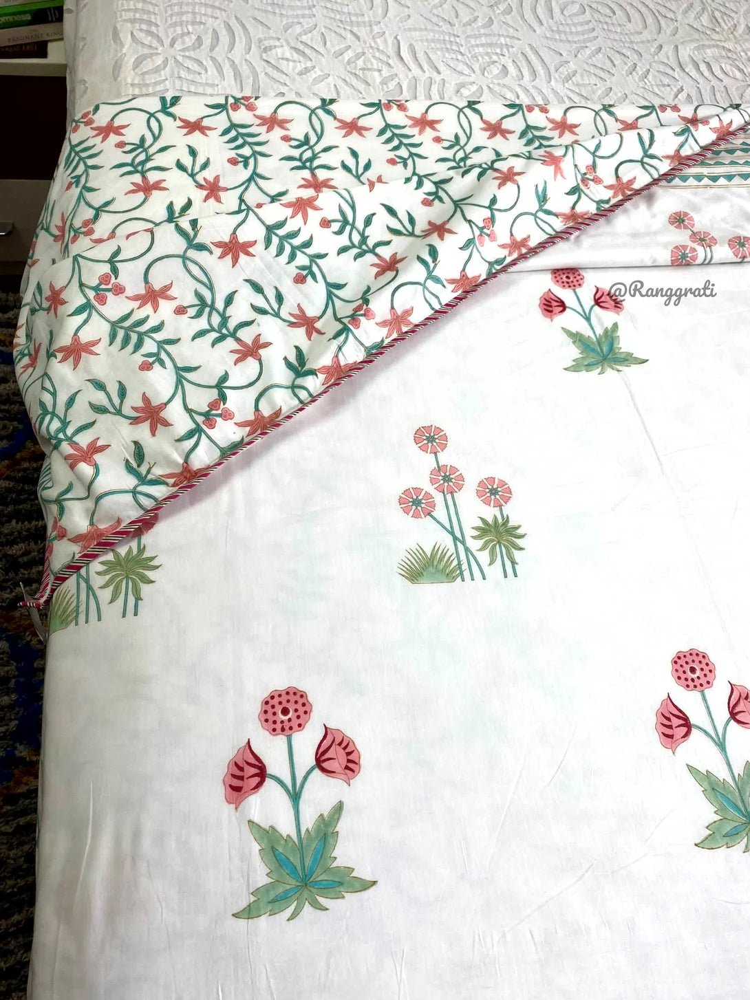 Peach Floral Single Dohar Reversible Hand Block Print - Dohar