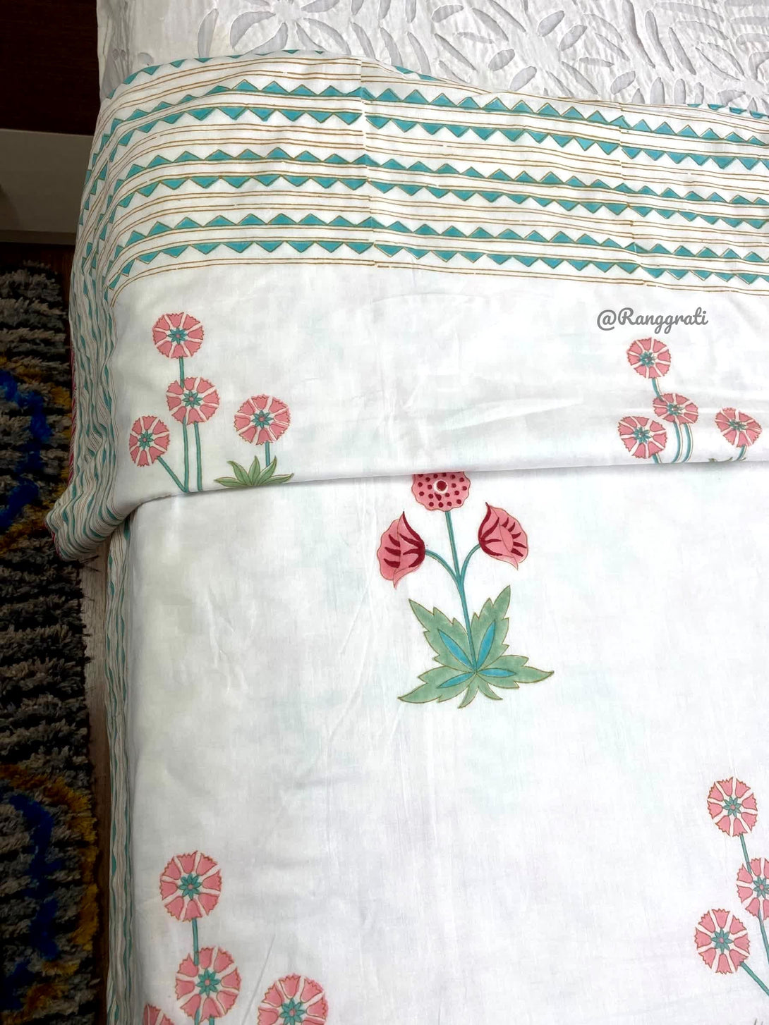 Peach Floral Single Dohar Reversible Hand Block Print - Dohar